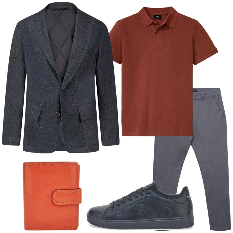 Outfit uomo - Giacca sportiva. Stile Trendy per Serata speciale. Abbinamento con polo, pantaloni chino, portafogli, giacche, sneakers.