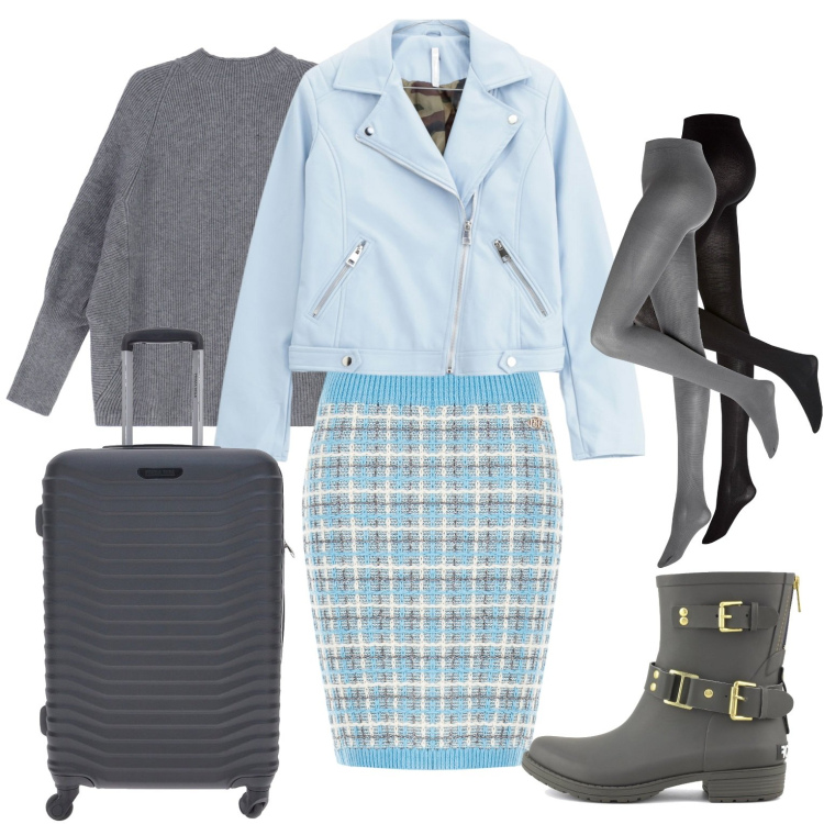 Outfit donna - Fuga improvvisa. Stile Casual chic per Tutti i giorni. Abbinamento con collant, maglieria, gonne, blazer, stivali, valigie.