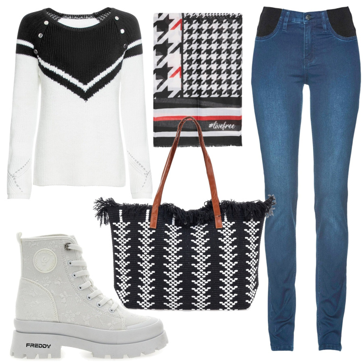 Outfit donna - Total look #2260272. Stile Casual per Scuola/Università. Abbinamento con jeans skinny, maglieria, borse a spalla, stivaletti, foulard.