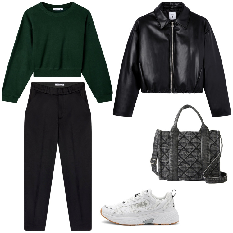 Outfit donna - Casual. Stile Casual per Tutti i giorni. Abbinamento con borse a mano, felpe, giacche, pantaloni chino, sneakers.
