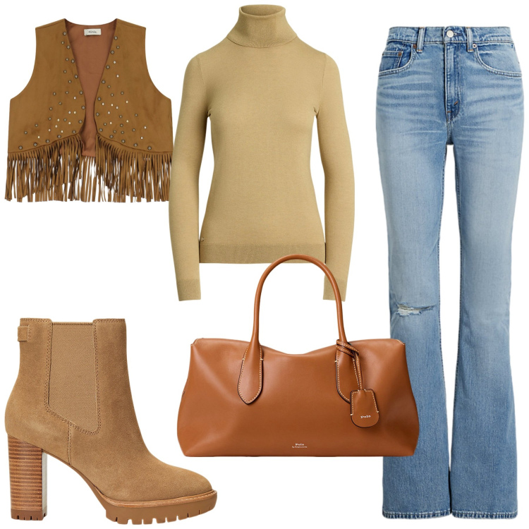 Outfit donna - Total look #2260274. Stile Boho per Tutti i giorni. Abbinamento con gilet, stivaletti chelsea, maglieria, jeans, borse a mano.