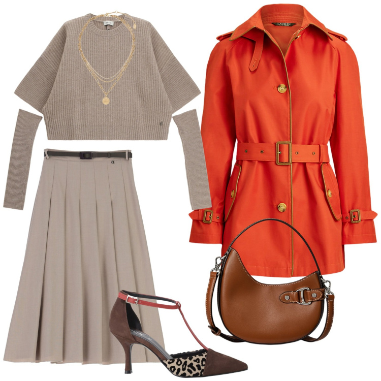 Outfit donna - Trench season. per Tutti i giorni. Abbinamento con décolleté, maglieria, gonne longuette, ciondoli, trench, borse a tracolla.