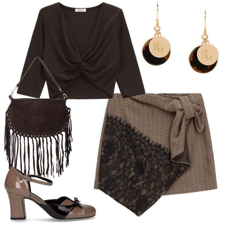 Outfit donna - Ottobre. Stile Trendy per Tutti i giorni. Abbinamento con borse a tracolla, minigonne, top, orecchini, décolleté.