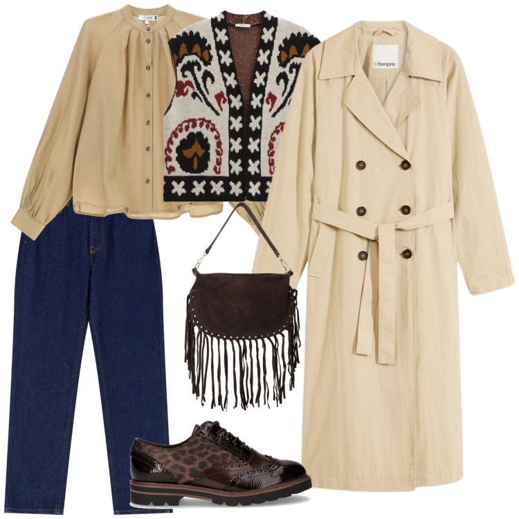 Outfit donna - Trench season. per Scuola/Università. Abbinamento con trench, camicie, jeans dritti, borse a tracolla, gilet, scarpe stringate.