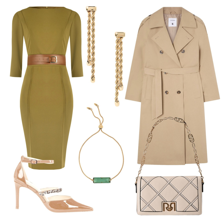 Outfit donna - Total look #2260280. Stile Glamour per Ufficio. Abbinamento con trench, borse a tracolla, décolleté, vestiti a tubino, orecchini, braccialetti.