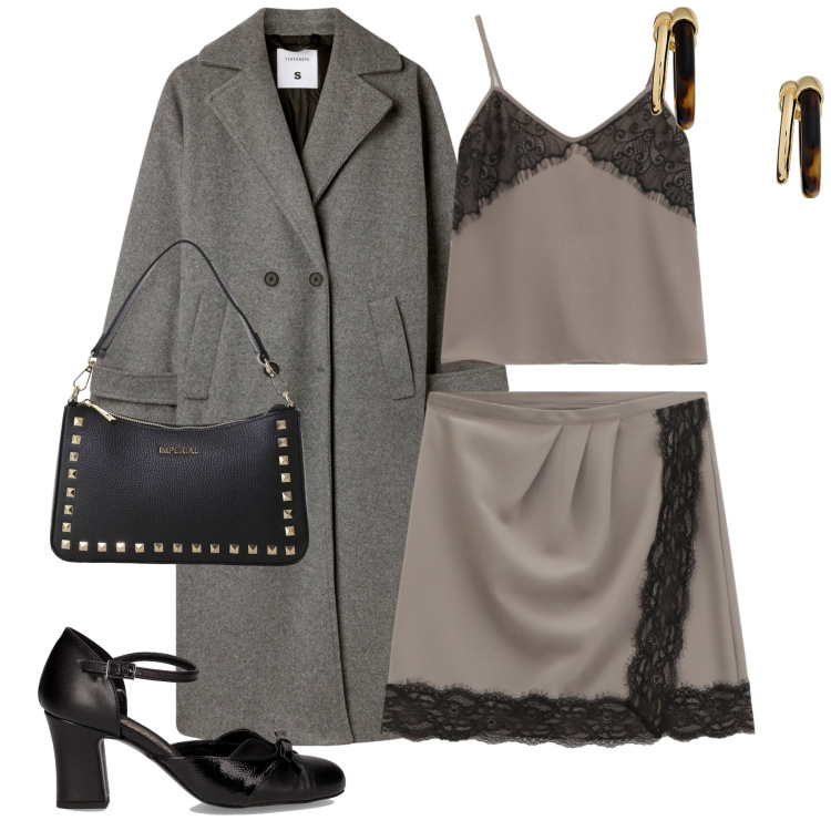 Outfit donna - Femminile. Stile Trendy per Serata fuori. Abbinamento con cappotti, top, minigonne, pochette, orecchini, décolleté.