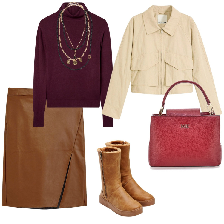 Outfit donna - Trench season. per Tutti i giorni. Abbinamento con gonne longuette, stivali, trench, maglieria, borse a mano, collane.