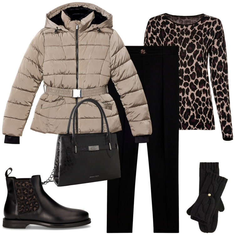 Outfit donna - Un caffé con le amiche. Stile Urban per Tutti i giorni. Abbinamento con maglieria, borse a mano, piumini, pantaloni, guanti, stivaletti chelsea.