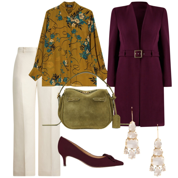 Outfit donna - Trench season. per Cerimonia. Abbinamento con trench, camicie, décolleté, orecchini, pantaloni, borse a mano.