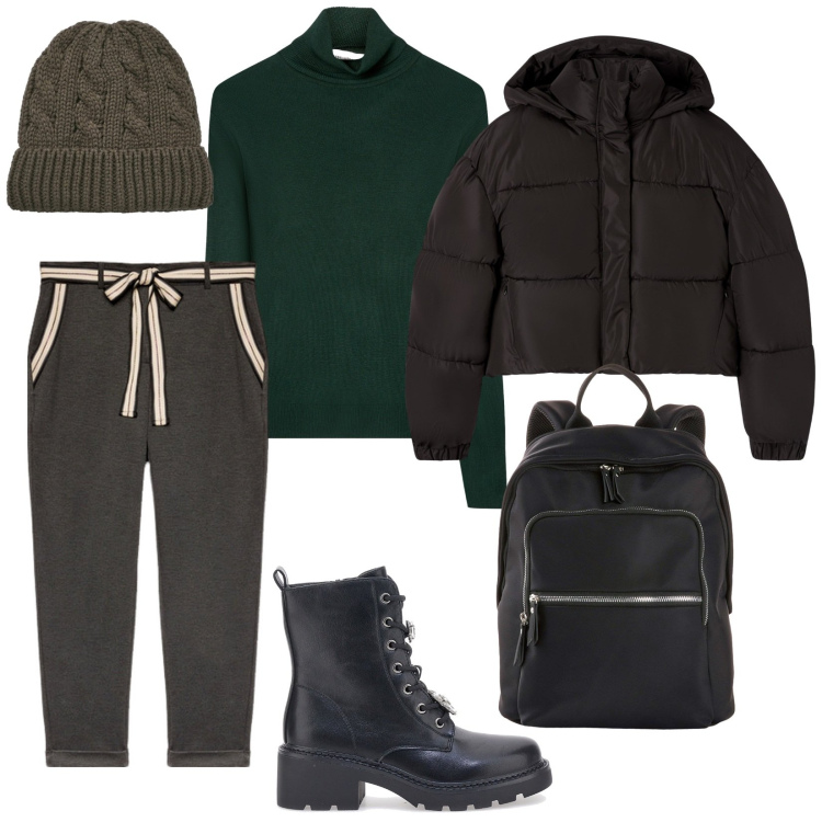 Outfit donna - Obbiettivo. montagna. per Tutti i giorni. Abbinamento con zaini, berretti, bomber, maglieria, anfibi, pantaloni.