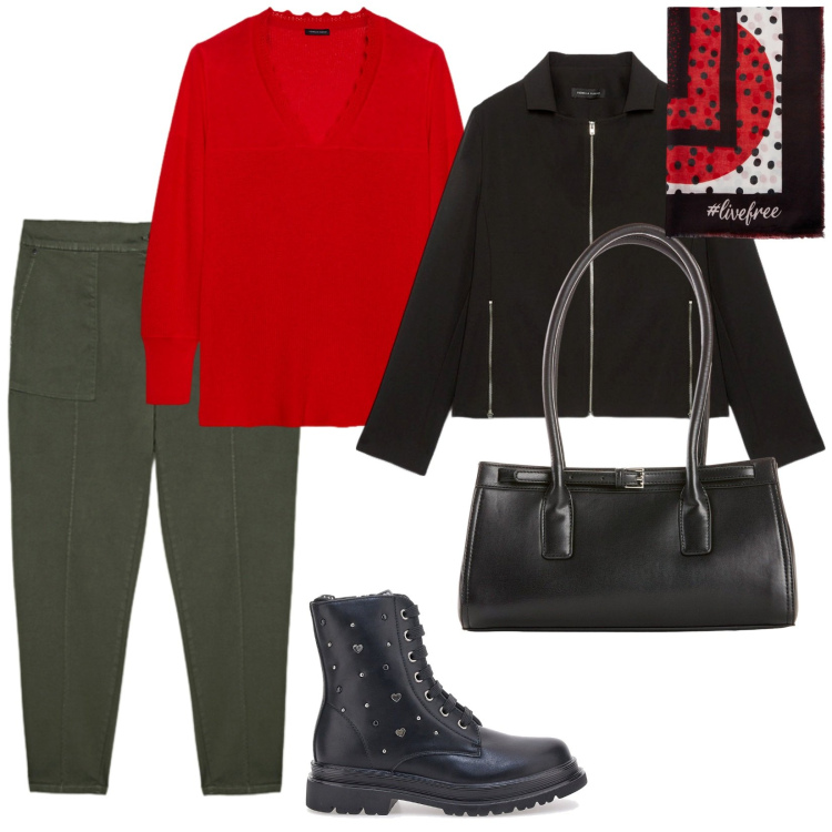Outfit donna - Fiorella Rubino. per Tutti i giorni. Abbinamento con borse a mano, foulard, blazer, pantaloni cargo, anfibi, maglieria.