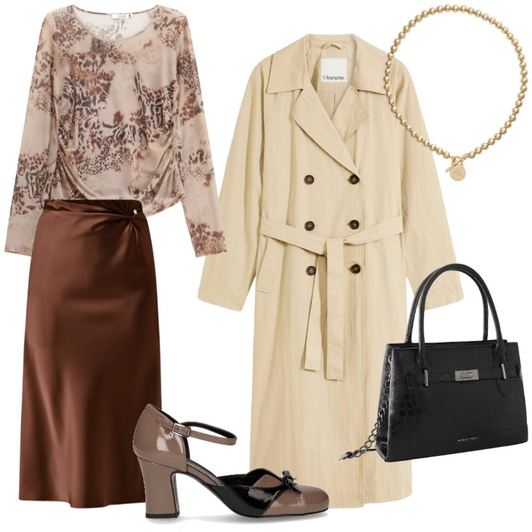 Outfit donna - Trench versatile. Stile Chic per Serata fuori. Abbinamento con trench, borse a mano, maglieria, gonne longuette, collane, décolleté.