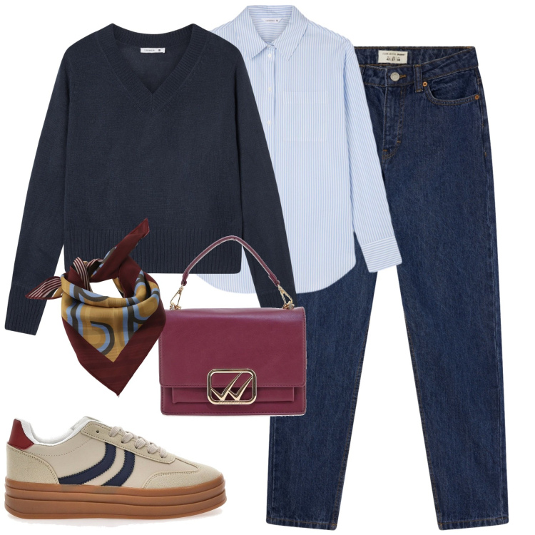 Outfit donna - City. Stile Casual chic per Tutti i giorni. Abbinamento con jeans mom, maglieria, camicie, foulard, sneakers, borse a tracolla.