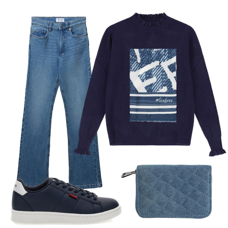Outfit donna - Blu. Stile Casual per Tutti i giorni. Abbinamento con portafogli, jeans bootcut, maglieria, sneakers, foulard.