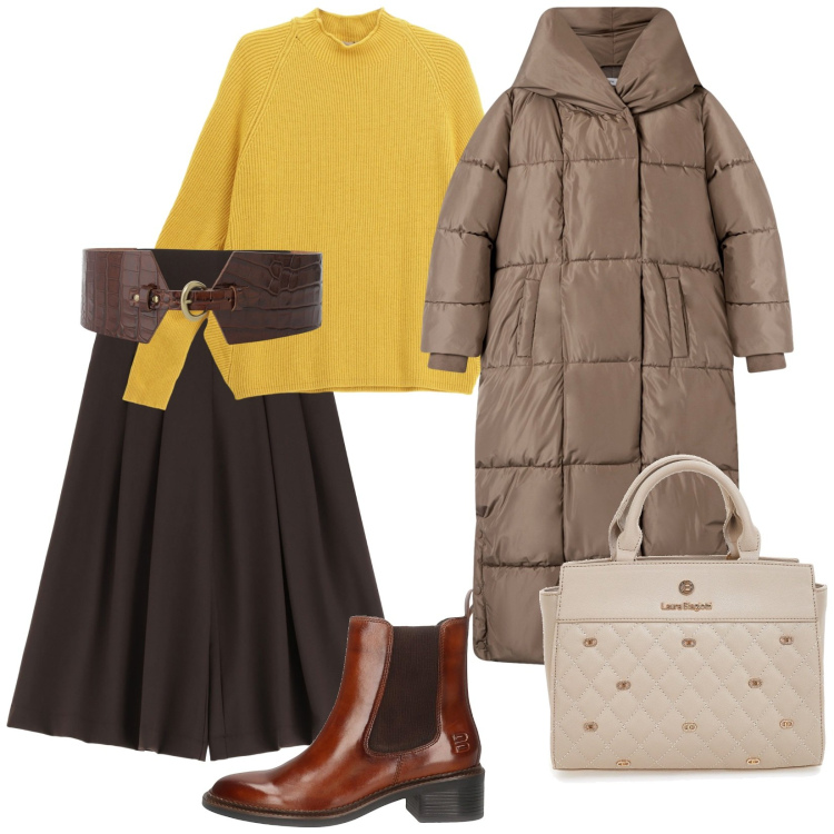 Outfit donna - Pronta per il freddo. per Tutti i giorni. Abbinamento con cappotti, cinture, maglieria, pantaloni a palazzo, borse a mano, stivaletti chelsea.