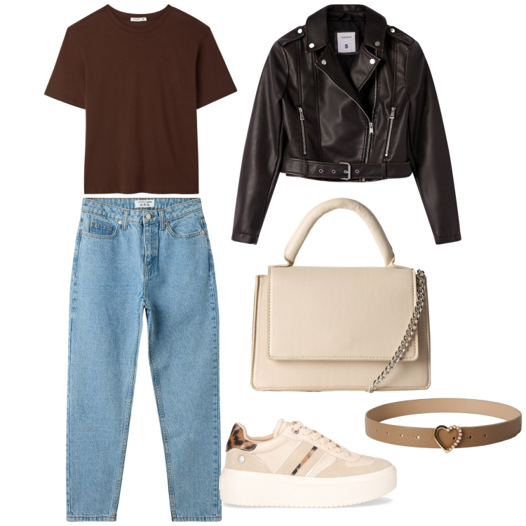 Outfit donna - Un giorno di autunno. Stile Casual per Tutti i giorni. Abbinamento con jeans mom, giacche, borse a tracolla, cinture, t-shirt, sneakers.