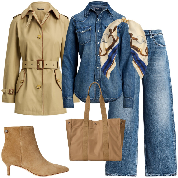 Outfit donna - Semplicemente wow. Stile Glamour per Tutti i giorni. Abbinamento con camicie, borse tote, jeans, stivaletti, trench, foulard.