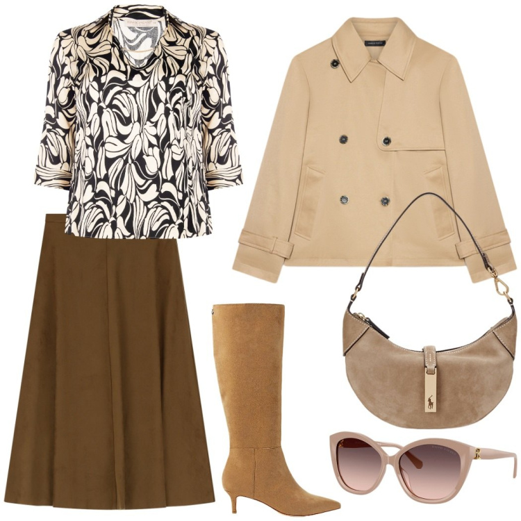 Outfit donna - Trench, capospalla dell\' autunno. Stile Chic per Ufficio. Abbinamento con bluse, gonne longuette, borse a spalla, occhiali da sole, stivali, trench.