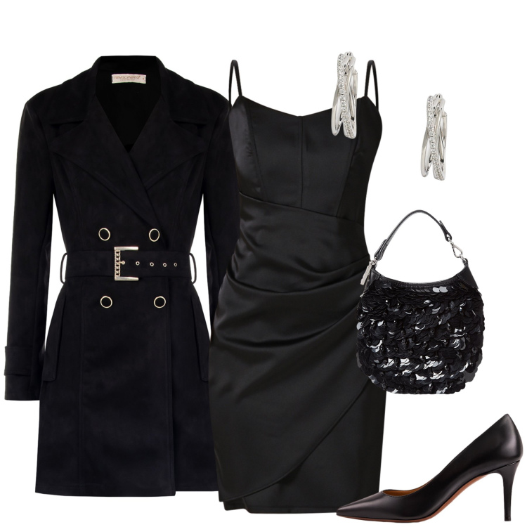 Outfit donna - Trench e brio. Stile Glamour per Serata fuori. Abbinamento con vestiti a tubino, trench, orecchini, décolleté, pochette.