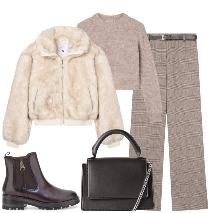 Outfit donna - Ottobre. Stile Urban per Tutti i giorni. Abbinamento con pantaloni, ecopellicce, maglieria, borse a tracolla, stivaletti chelsea.
