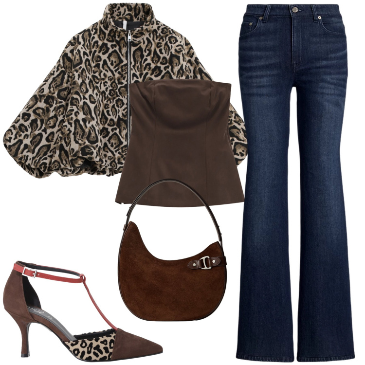 Outfit donna - Il ritorno del maculato. Stile Glamour per Serata fuori. Abbinamento con bomber, top, décolleté, jeans, borse a spalla.