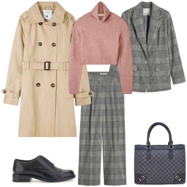 Outfit donna - Con il completo. Stile Mannish per Ufficio. Abbinamento con pantaloni, blazer, trench, maglieria, scarpe stringate, borse a tracolla.