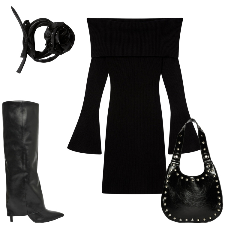 Outfit donna - Ottobre. Stile Minimal per Tutti i giorni. Abbinamento con vestiti corti, stivali, collane, borse a spalla.