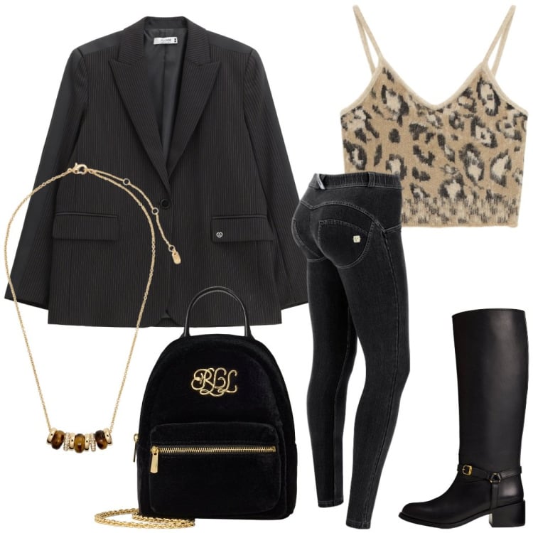 Outfit donna - Urban style. Stile Rock per Serata fuori. Abbinamento con blazer, top, jeans skinny, collane, borse a tracolla, stivali.