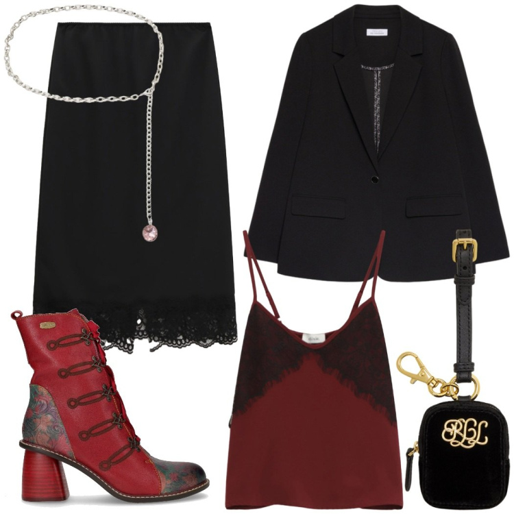 Outfit donna - Dettagli eclettici. Stile Rock per Serata fuori. Abbinamento con top, gonne longuette, cinture, pochette, stivaletti, blazer.