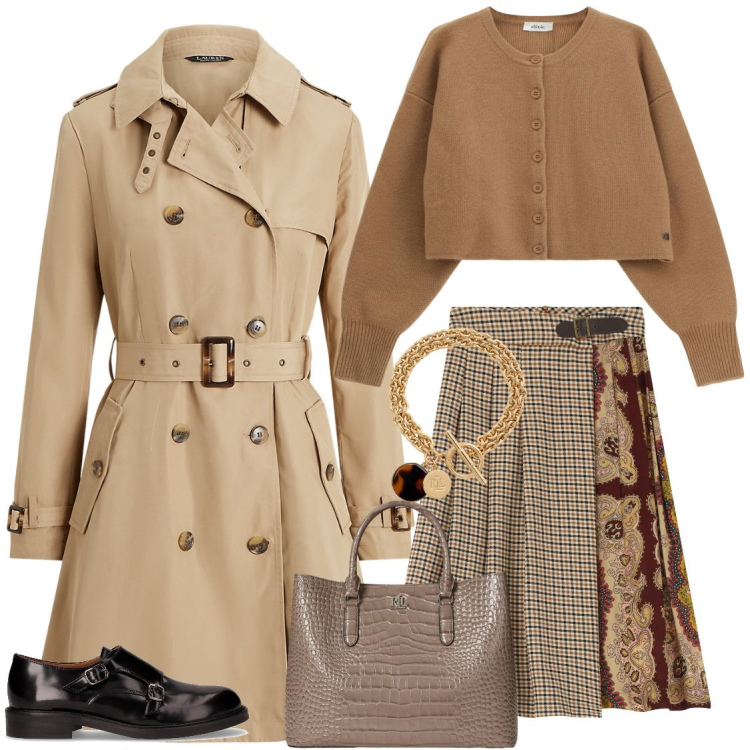 Outfit donna - Stile inglese. Stile Trendy per Tutti i giorni. Abbinamento con gonne, cardigans, borse a mano, trench, braccialetti con ciondoli, mocassini.