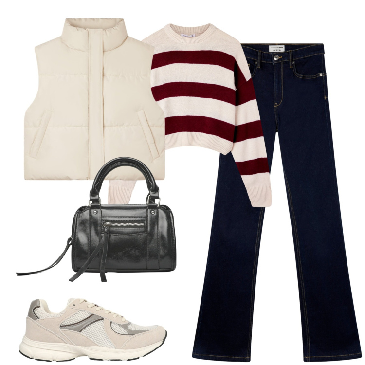 Outfit donna - Terranova. Stile Casual per Tutti i giorni. Abbinamento con jeans a zampa, maglieria, sneakers, borse a mano, piumini.