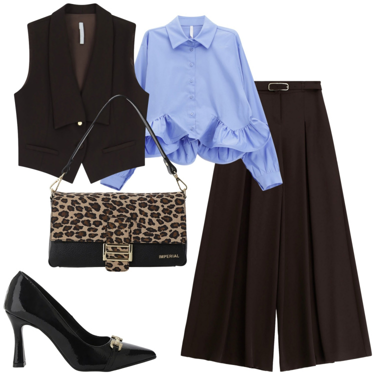Outfit donna - Imperial. Stile Urban per Tutti i giorni. Abbinamento con camicie, pantaloni, décolleté, gilet, borse a spalla.