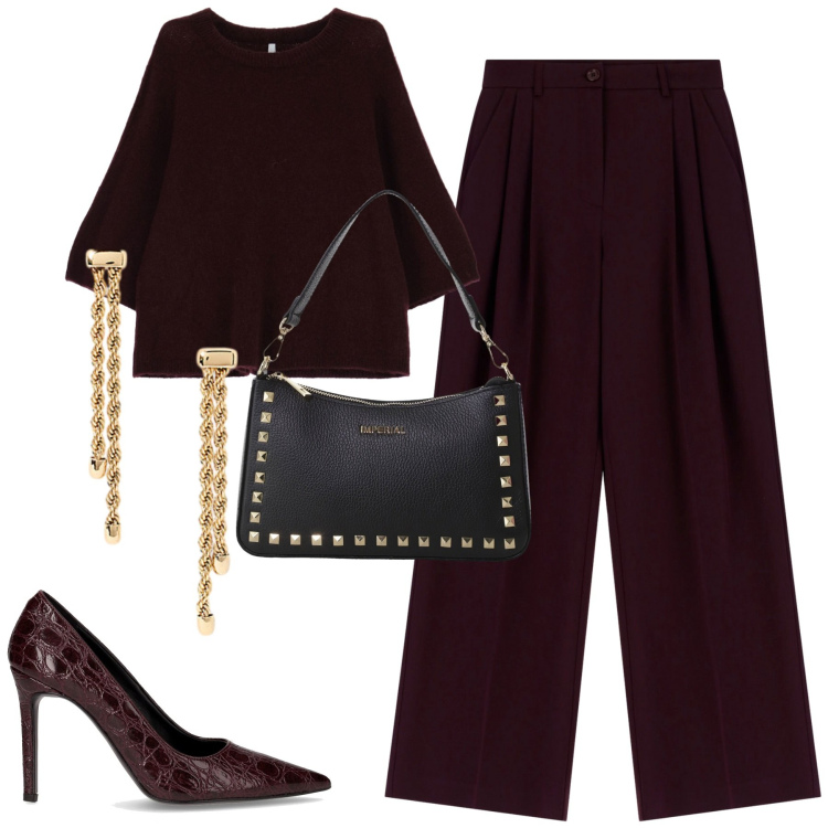 Outfit donna - Monochrome. Stile Minimal per Tutti i giorni. Abbinamento con pantaloni a palazzo, maglieria, pochette, orecchini, décolleté.