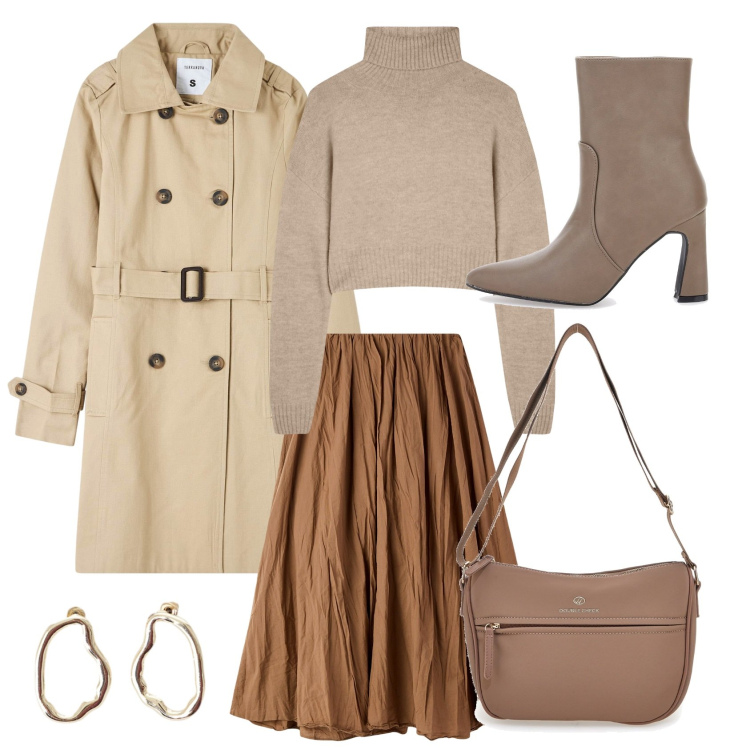 Outfit donna - Creme. Stile Casual chic per Ufficio. Abbinamento con trench, gonne lunghe, maglieria, orecchini, stivaletti, borse a tracolla.