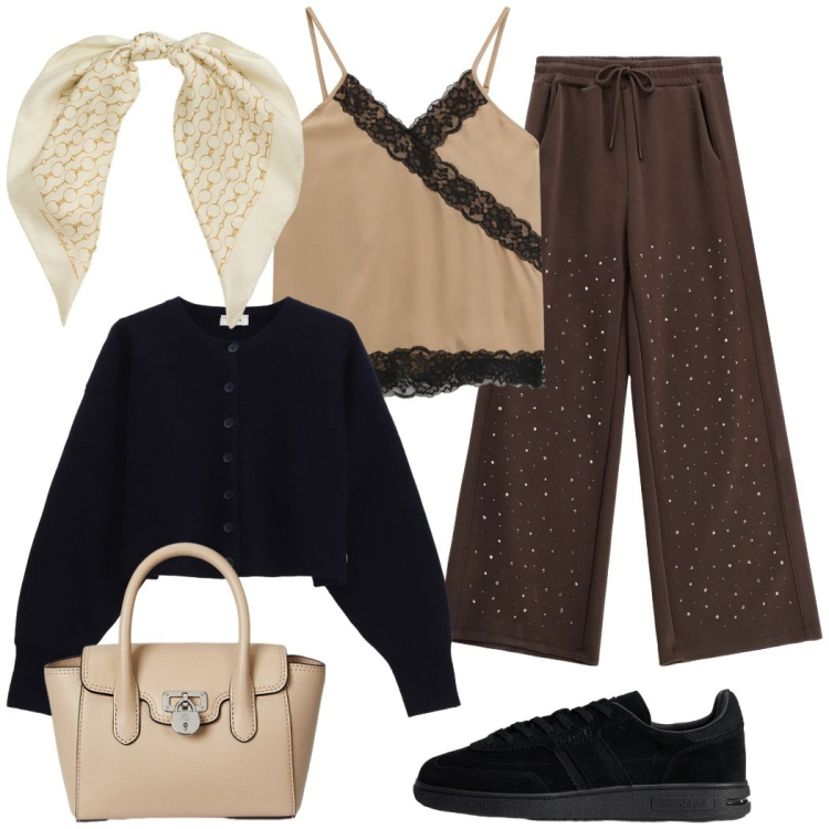 Outfit donna - Al cinema con le amiche. Stile Sporty chic per Tutti i giorni. Abbinamento con pantaloni, cardigans, top, borse a mano, sneakers, foulard.