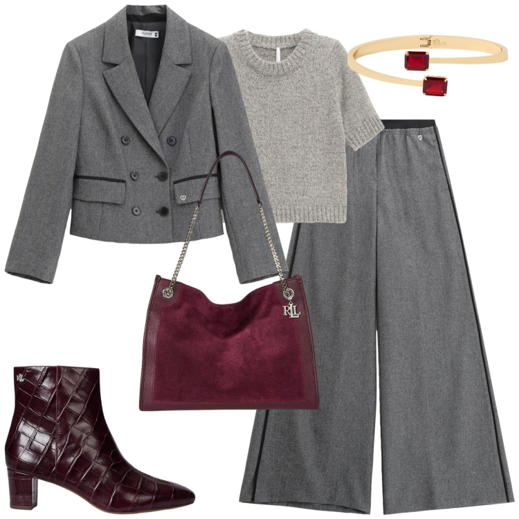 Outfit donna - City. Stile Urban per Tutti i giorni. Abbinamento con pantaloni, blazer, maglieria, stivaletti, borse tote, braccialetti.