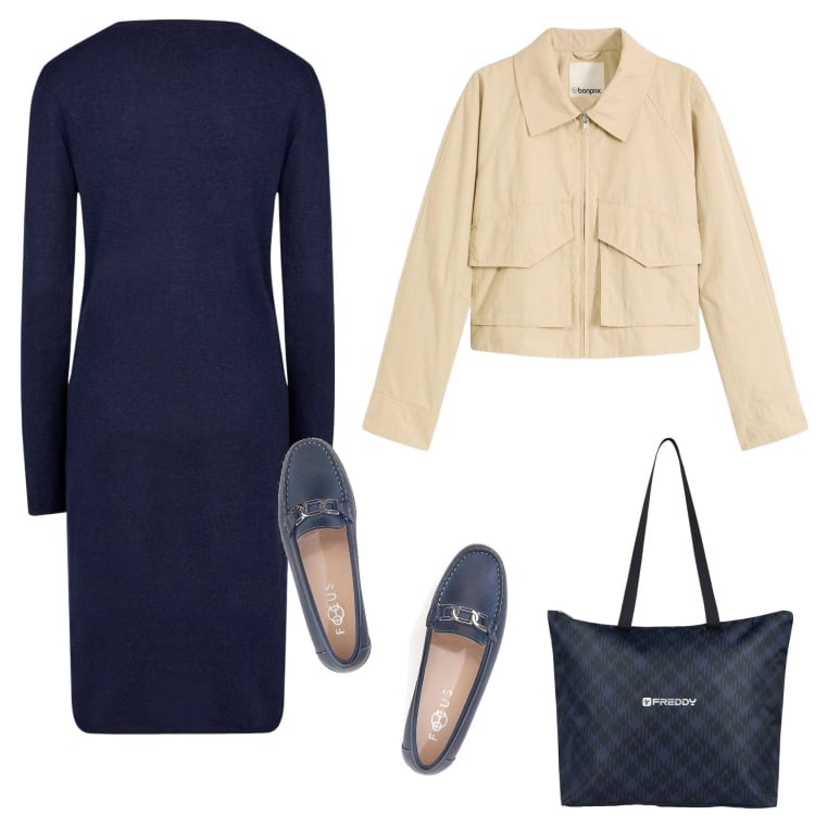 Outfit donna - Let\'s trench. Stile Casual chic per Ufficio. Abbinamento con trench, shopping bag, vestiti midi/longuette, mocassini.