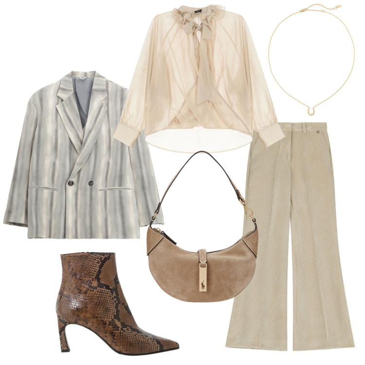 Outfit donna - Total look #2260341. Stile Chic per Ufficio. Abbinamento con bluse, pantaloni a palazzo, stivaletti, blazer, borse a spalla, ciondoli.