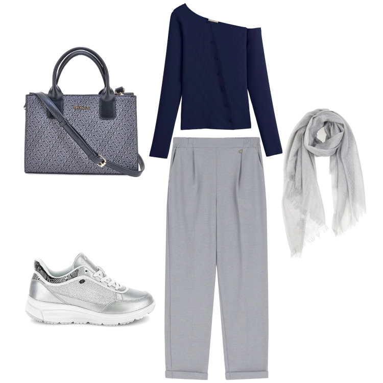 Outfit donna - Outfit per summer soft o winter. Stile Casual chic per Ufficio. Abbinamento con maglieria, pantaloni, foulard, borse a tracolla, sneakers alte.