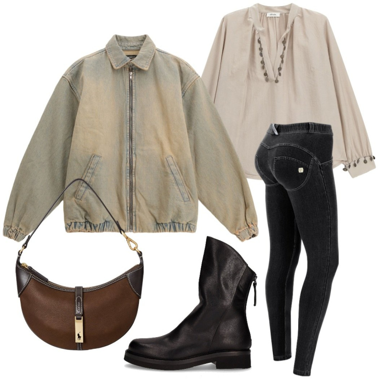 Outfit donna - Urban style. Stile Casual chic per Tutti i giorni. Abbinamento con bomber, jeans skinny, camicie, borse a spalla, stivaletti.