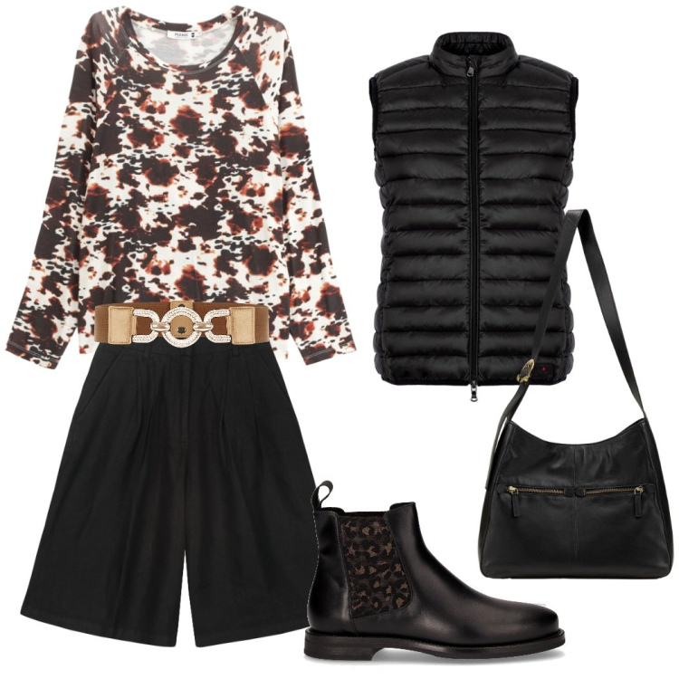 Outfit donna - In città. Stile Urban per Tutti i giorni. Abbinamento con borse a mano, maglieria, cinture, piumini, bermuda, stivaletti chelsea.