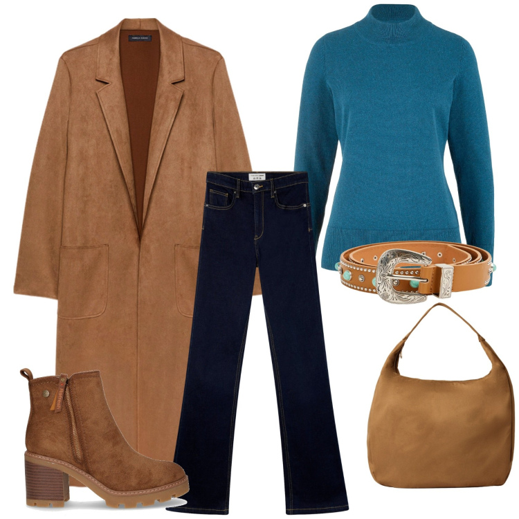 Outfit donna - Total look #2260348. Stile Casual chic per Ufficio. Abbinamento con maglieria, borse a mano, cinture, jeans a zampa, stivaletti, trench.
