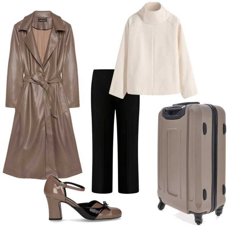 Outfit donna - In viaggio. Stile Chic per Tutti i giorni. Abbinamento con maglieria, pantaloni a palazzo, décolleté, valigie, trench.