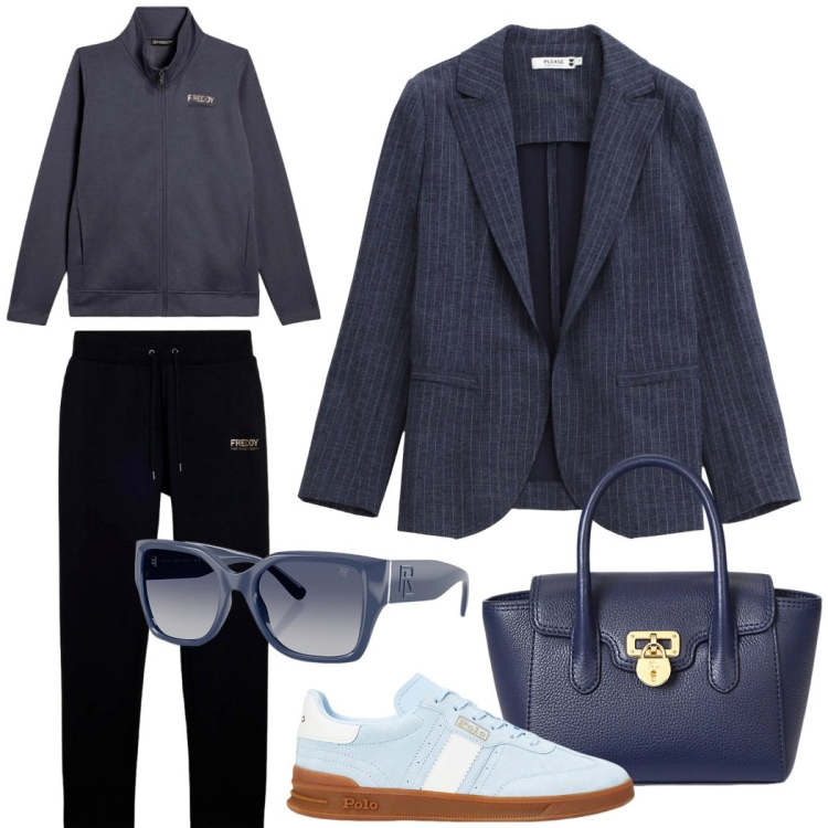 Outfit donna - Sporty chic. Stile Sporty chic per Tutti i giorni. Abbinamento con blazer, tute, sneakers, occhiali da sole, borse a mano.