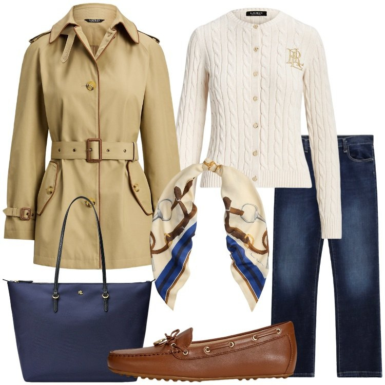 Outfit donna - Trench Season. Stile Preppy per Tutti i giorni. Abbinamento con jeans dritti, cardigans, borse tote, mocassini, trench, foulard.