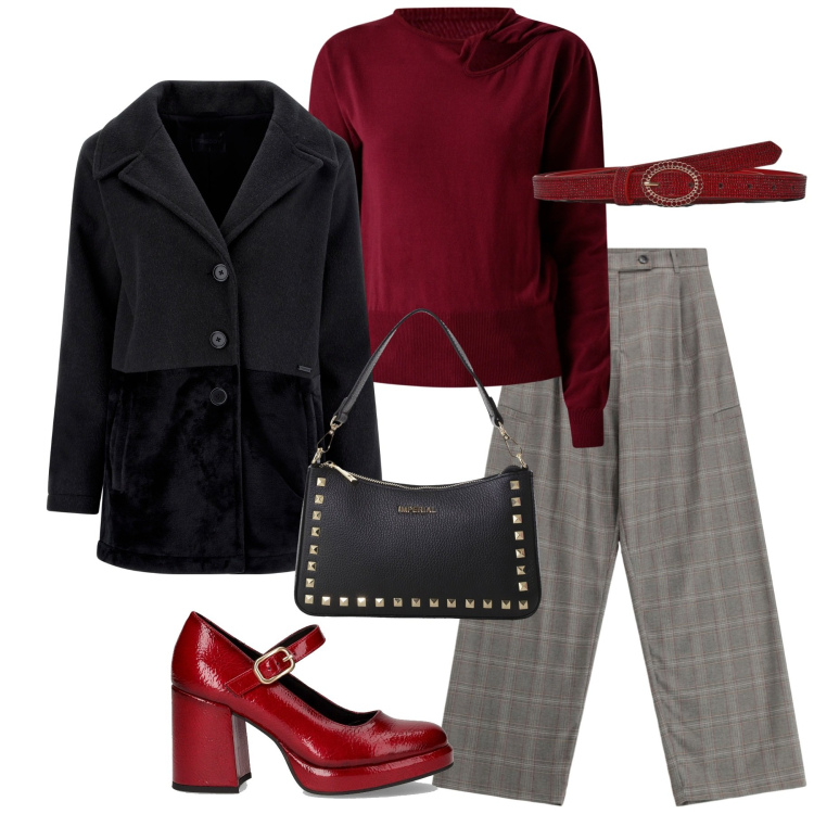 Outfit donna - Autunno in rosso. Stile Glamour per Tutti i giorni. Abbinamento con cinture, maglieria, pantaloni a palazzo, pochette, cappotti, décolleté.