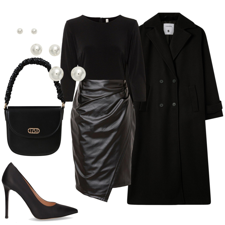 Outfit donna - Total black. Stile Glamour per Serata fuori. Abbinamento con vestiti, cappotti, borse a mano, orecchini, décolleté.