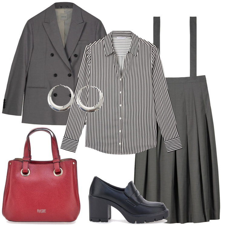 Outfit donna - In ufficio. Stile Casual per Ufficio. Abbinamento con camicie, orecchini, borse a mano, mocassini, gonne lunghe, blazer.