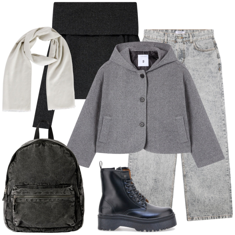 Outfit donna - A scuola. Stile Casual per Scuola/Università. Abbinamento con jeans boyfriend, caban, zaini, foulard, maglieria, anfibi.