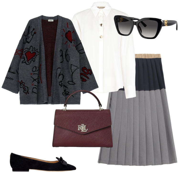 Outfit donna - Maglioni avvolgenti. Stile Bon Ton per Ufficio. Abbinamento con camicie, cardigans, gonne longuette, occhiali da sole, ballerine, borse a mano.
